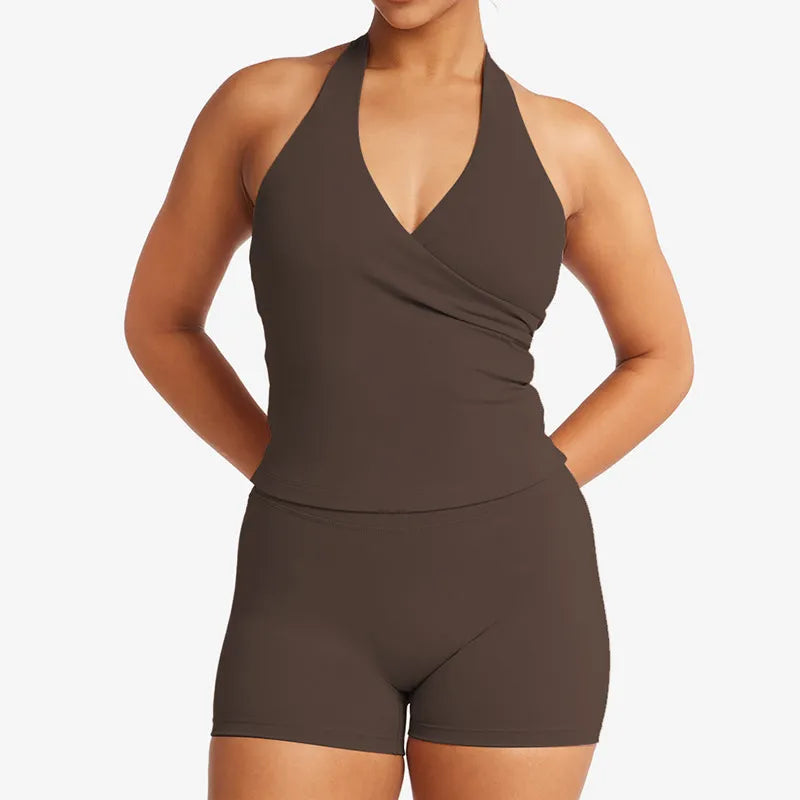 Wrap Halter Active Tank Top- Brown